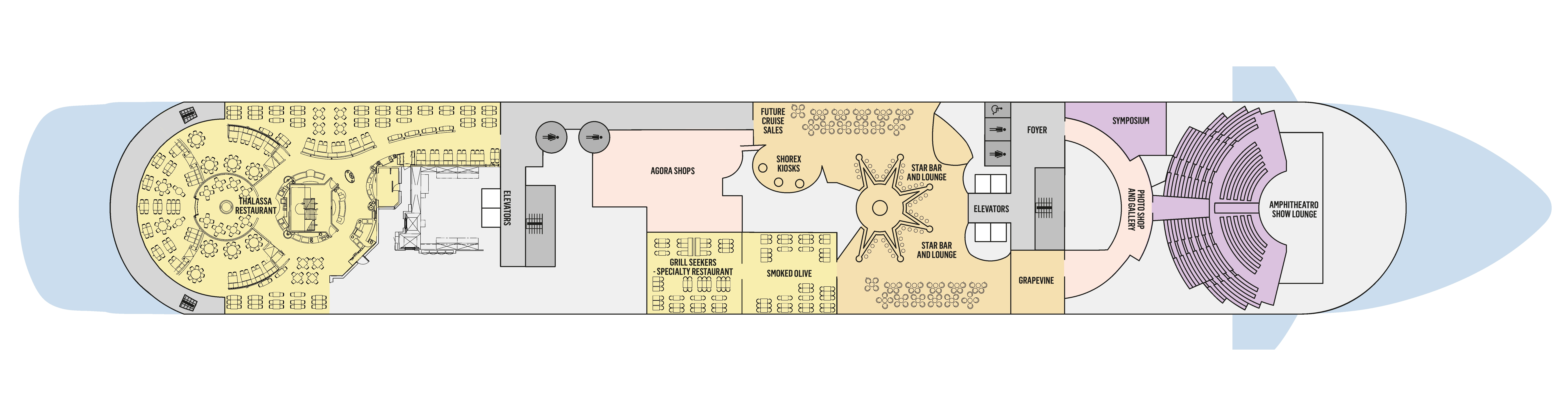 Celestyal Discovery, Deck 8: official cabin and venue layout