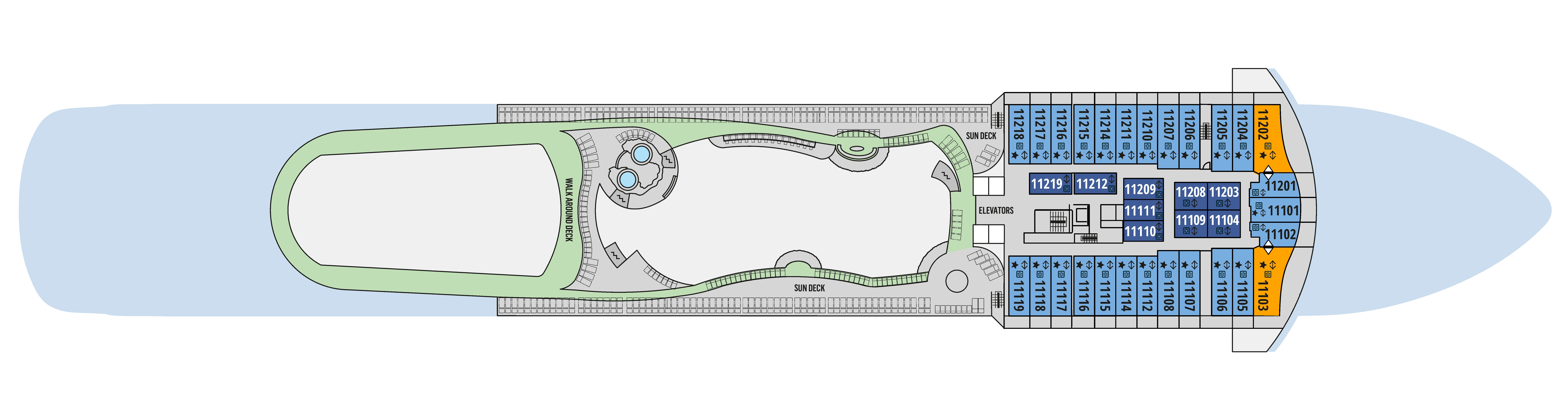 Celestyal Discovery, Deck 11: official cabin and venue layout