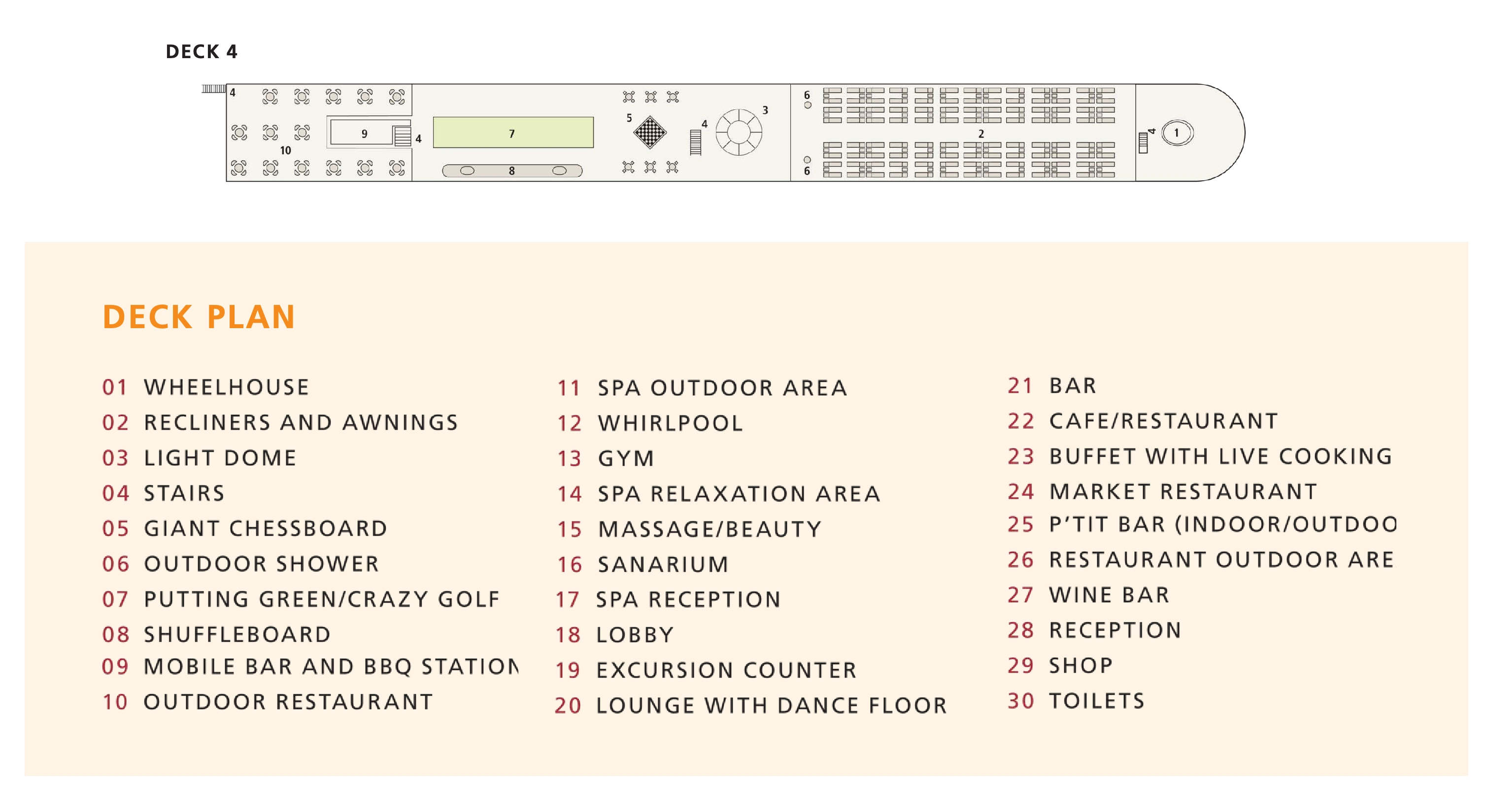 A-ROSA Brava, Deck 4: official cabin and venue layout