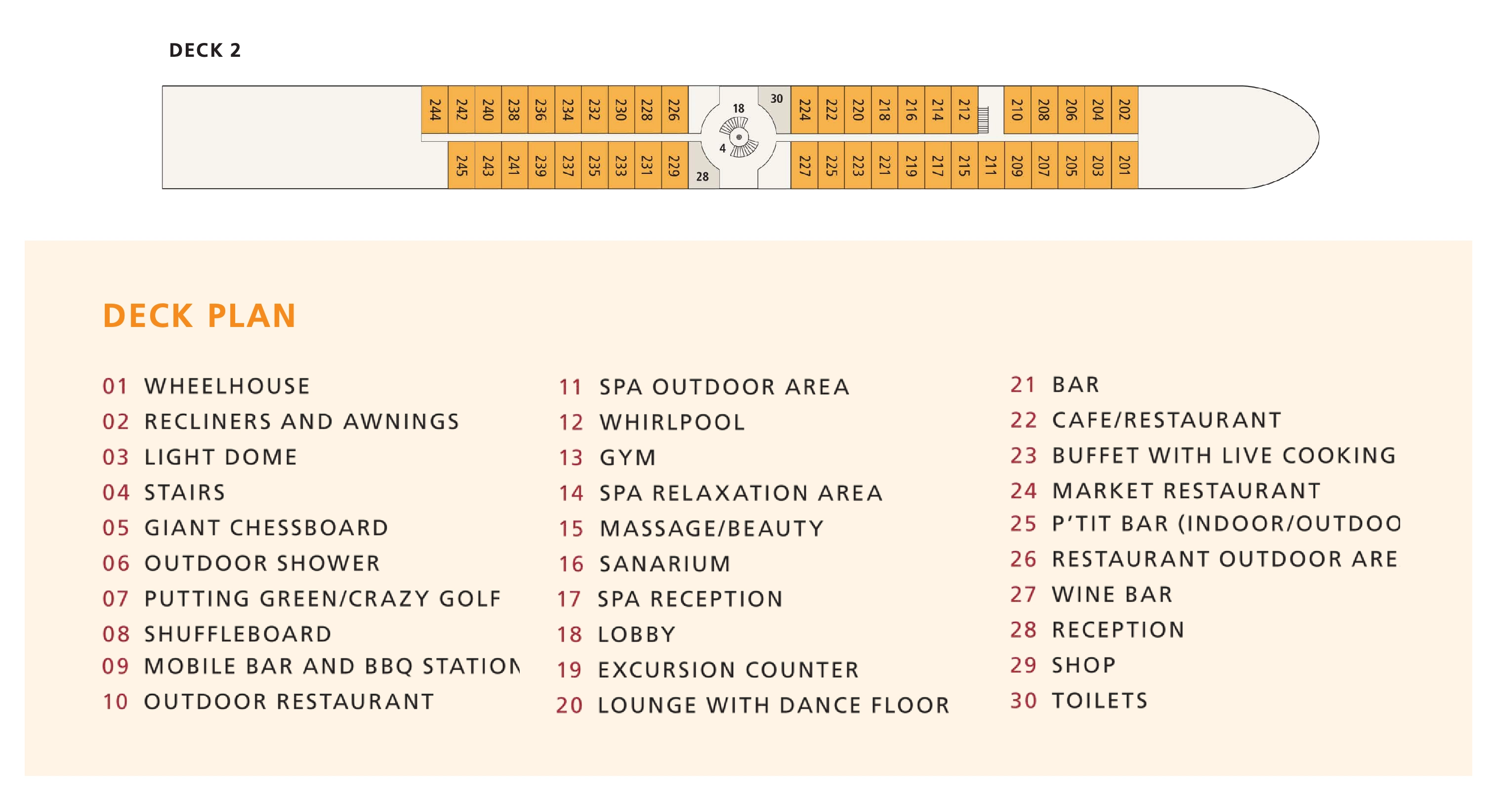 A-ROSA Brava, Deck 2: official cabin and venue layout