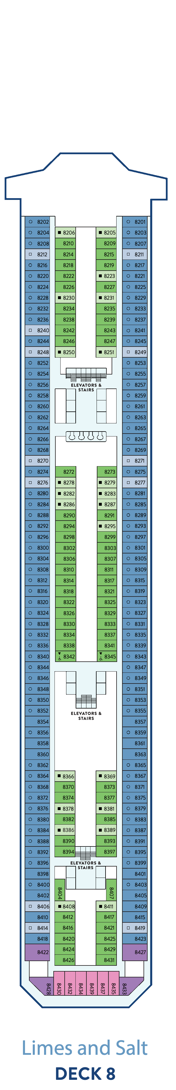 Margaritaville at Sea Beachcomber, Deck 8: official cabin and venue layout