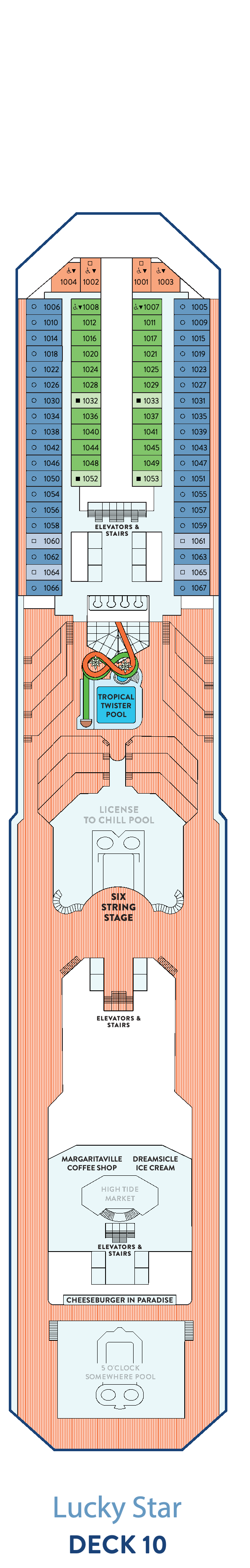 Margaritaville at Sea Beachcomber, Deck 10: official cabin and venue layout