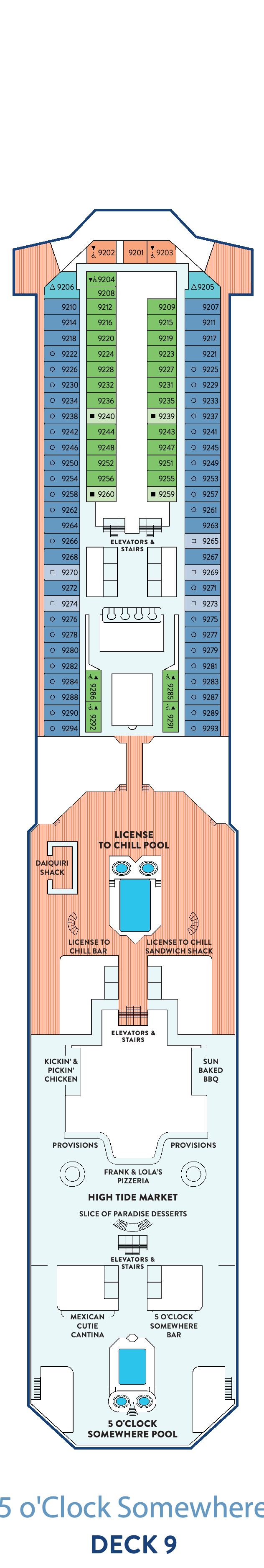 Margaritaville at Sea Beachcomber, Deck 9: official cabin and venue layout