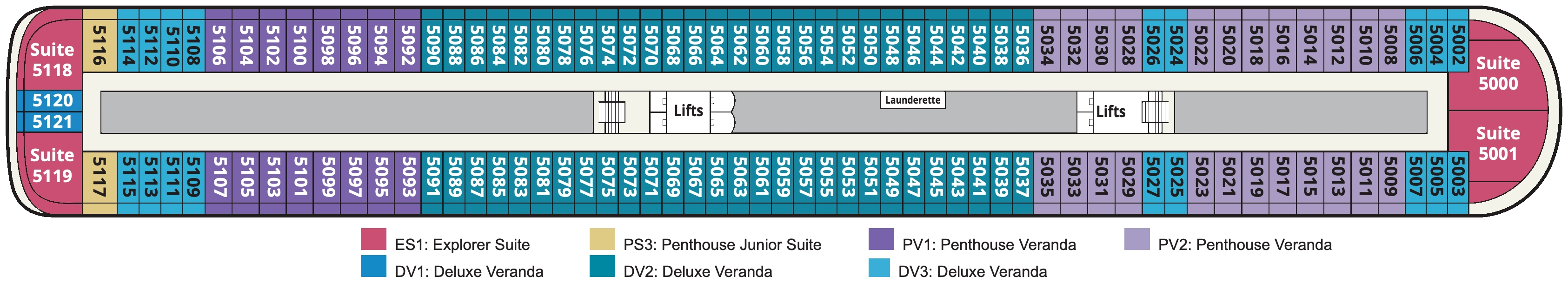 Viking Leda, Deck 5: official cabin and venue layout