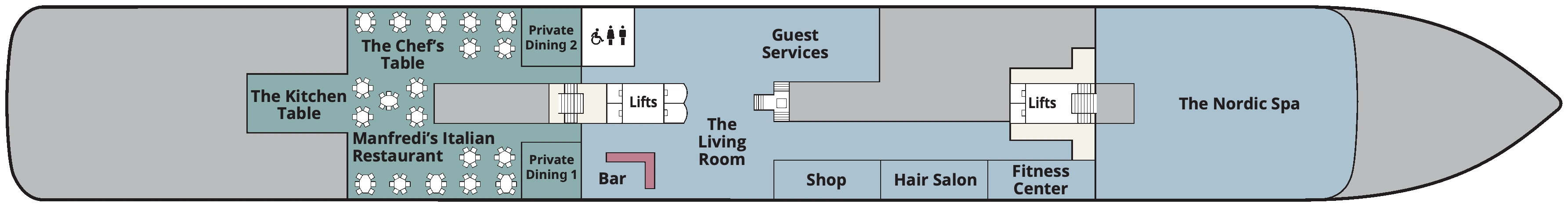 Viking Leda, Deck 1: official cabin and venue layout