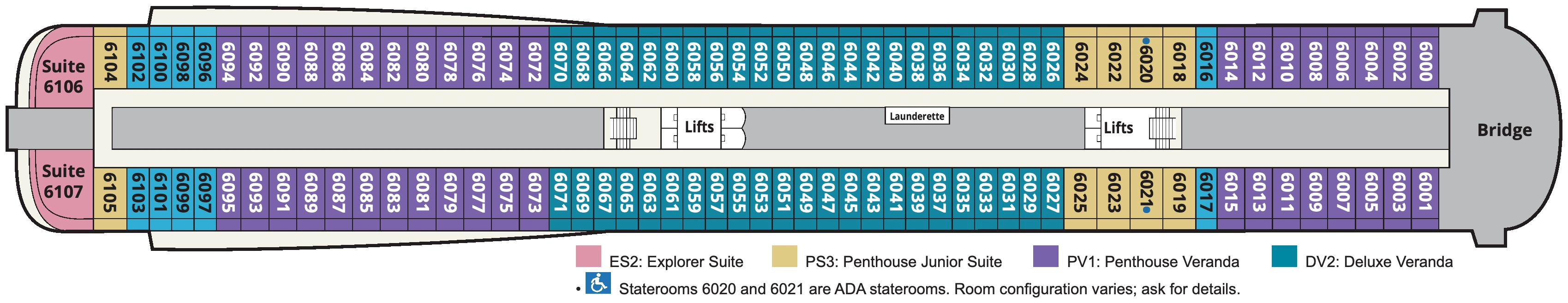 Viking Leda, Deck 6: official cabin and venue layout