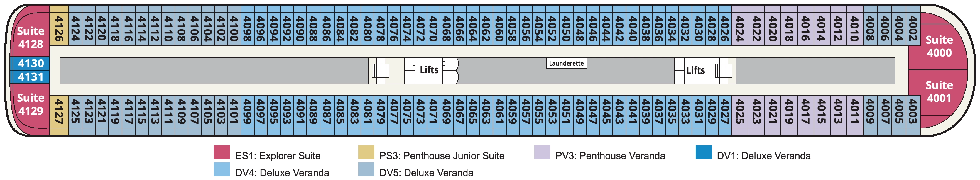 Viking Leda, Deck 4: official cabin and venue layout