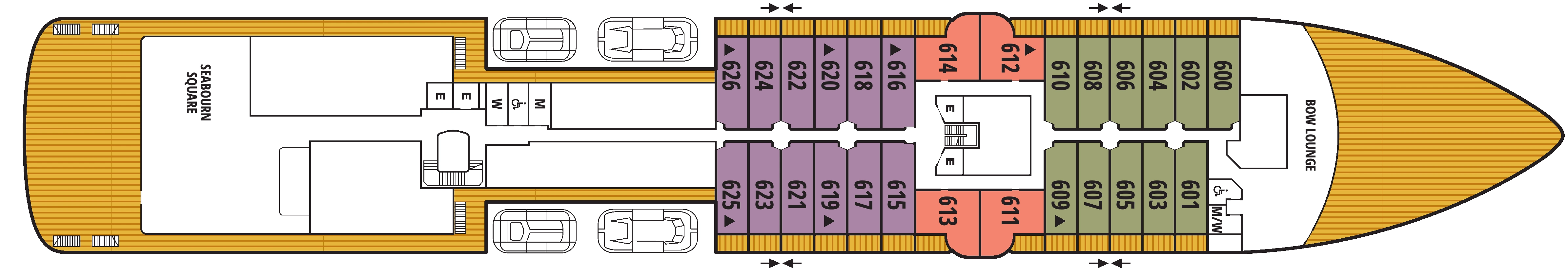 Seabourn Pursuit, Deck 6: official cabin and venue layout