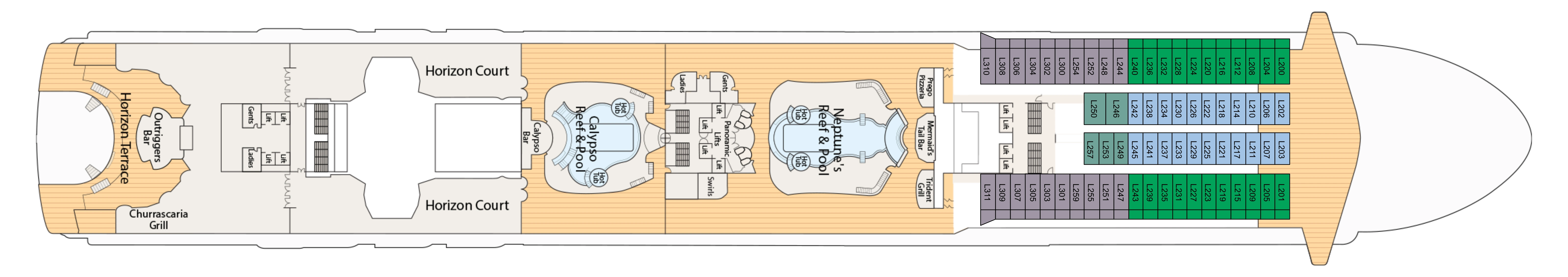 Sapphire Princess, Deck 14: official cabin and venue layout