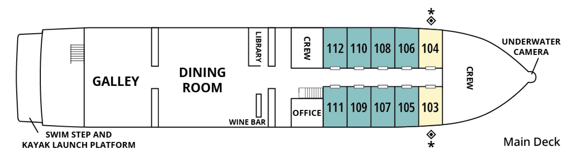Safari Endeavour, Deck 1: official cabin and venue layout
