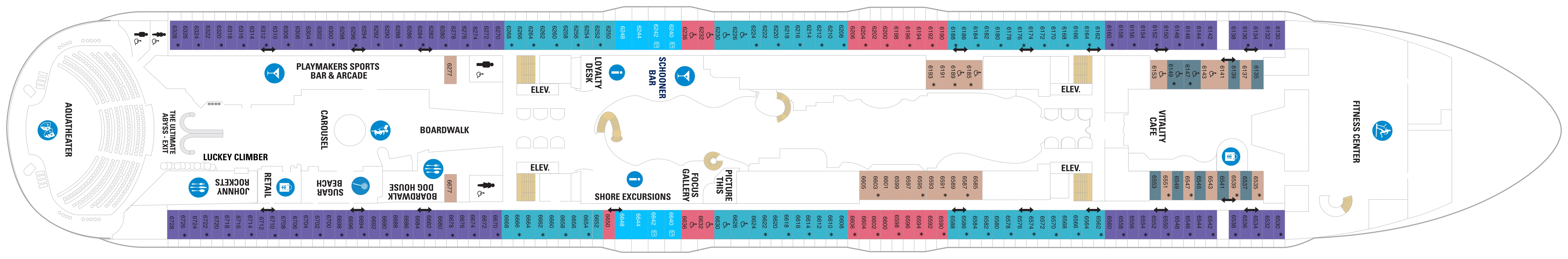 Wonder of the Seas, Deck 6: official cabin and venue layout