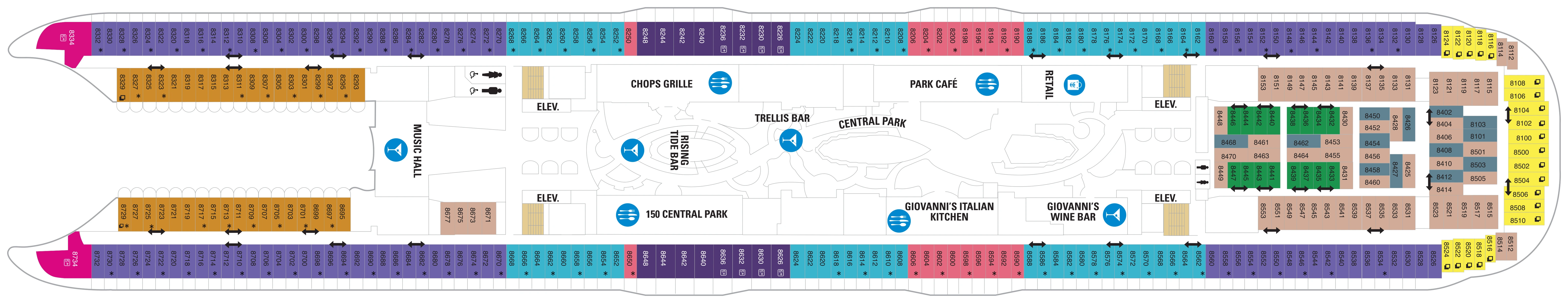 Wonder of the Seas, Deck 8: official cabin and venue layout