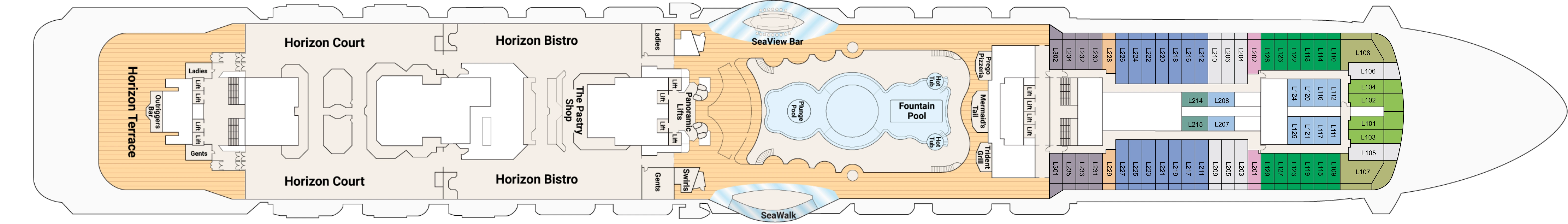 Regal Princess, Deck 16: official cabin and venue layout
