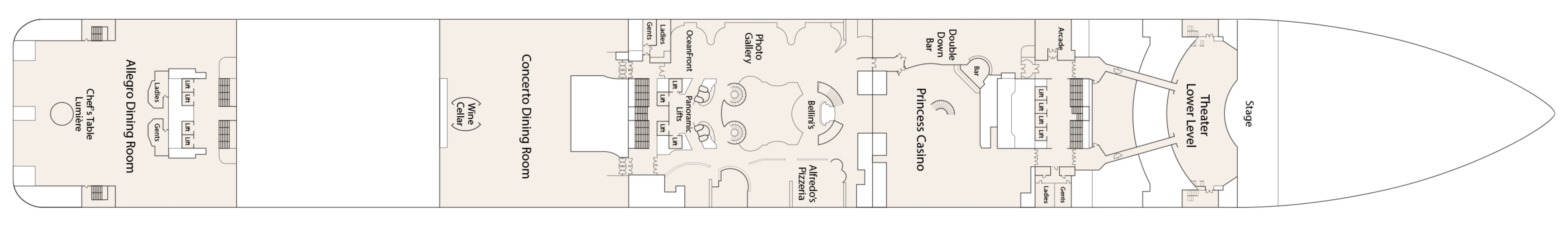 Regal Princess, Deck 6: official cabin and venue layout