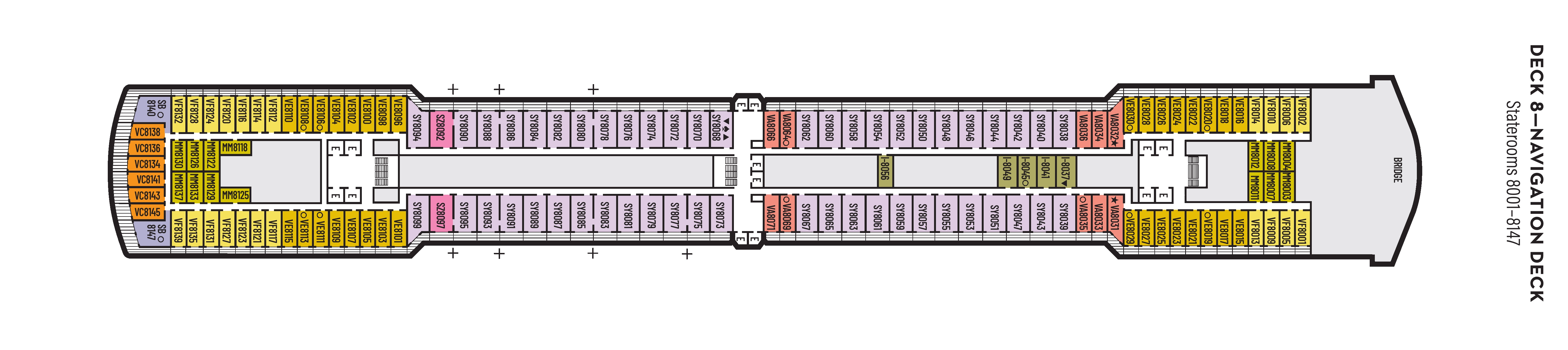 Oosterdam, Deck 8: official cabin and venue layout