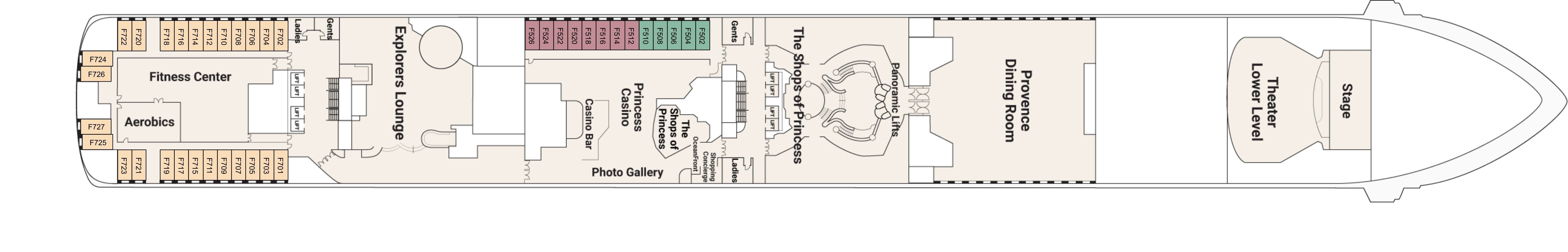 Island Princess, Deck 6: official cabin and venue layout