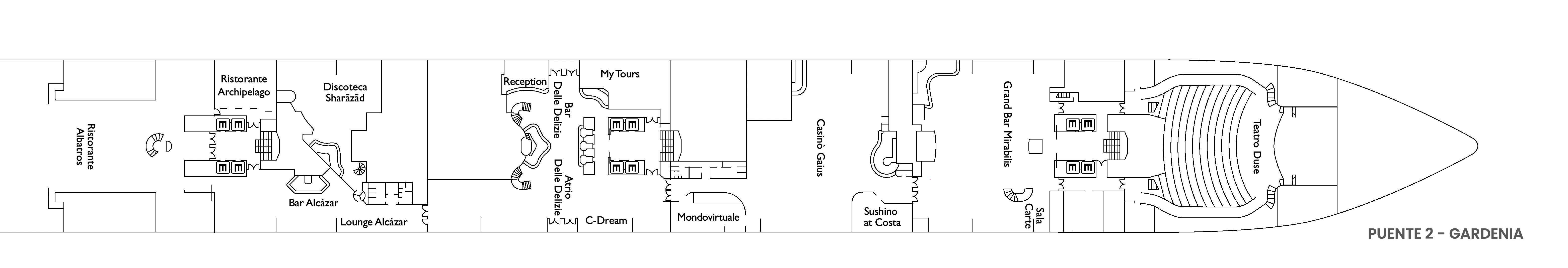 Costa Deliziosa, Deck 2: official cabin and venue layout
