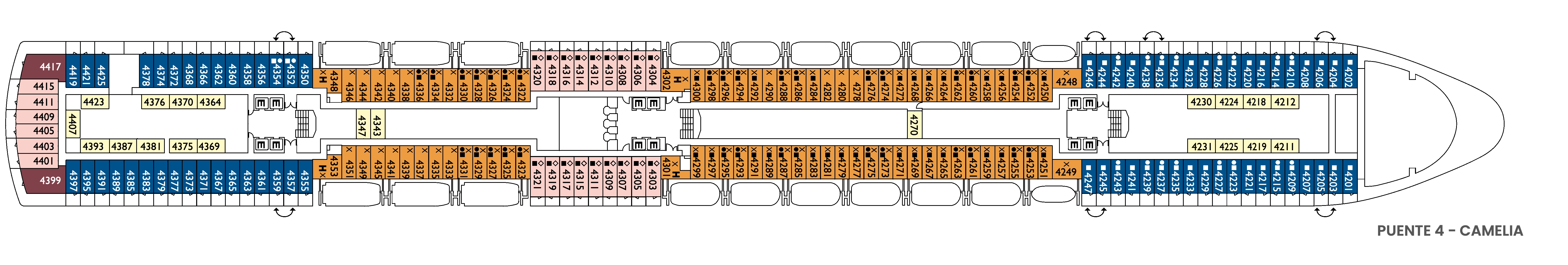 Costa Deliziosa, Deck 4: official cabin and venue layout