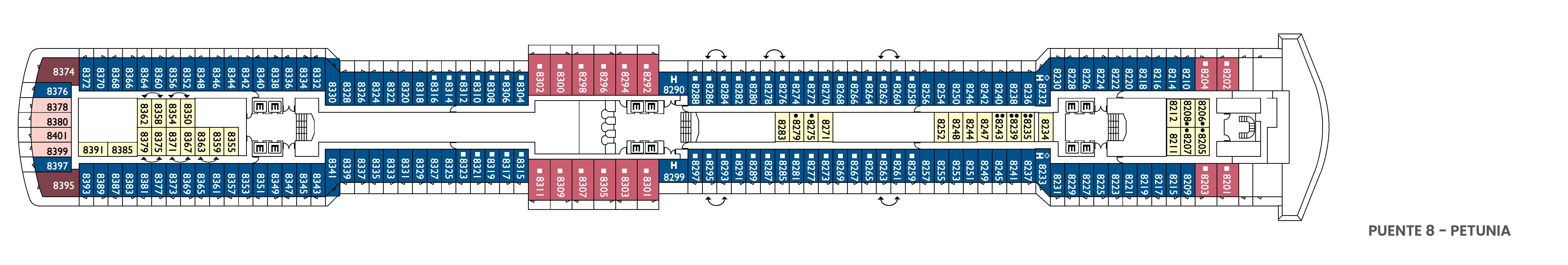 Costa Deliziosa, Deck 8: official cabin and venue layout