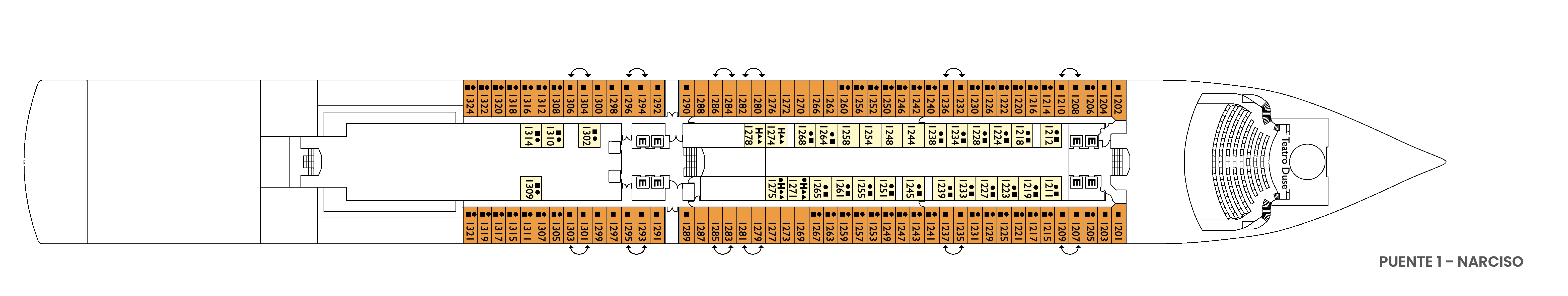 Costa Deliziosa, Deck 1: official cabin and venue layout