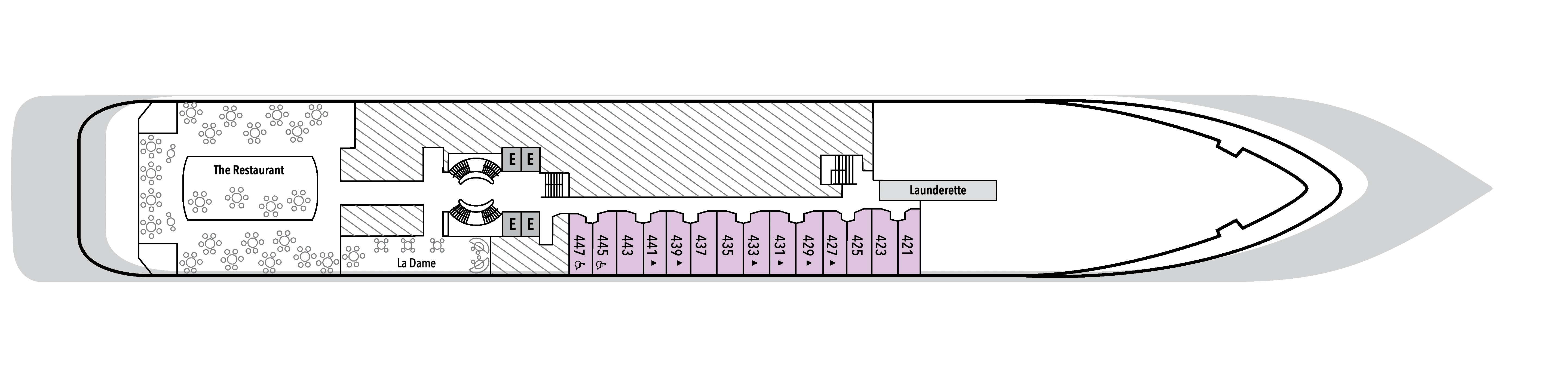 Silver Wind, Deck 4: official cabin and venue layout