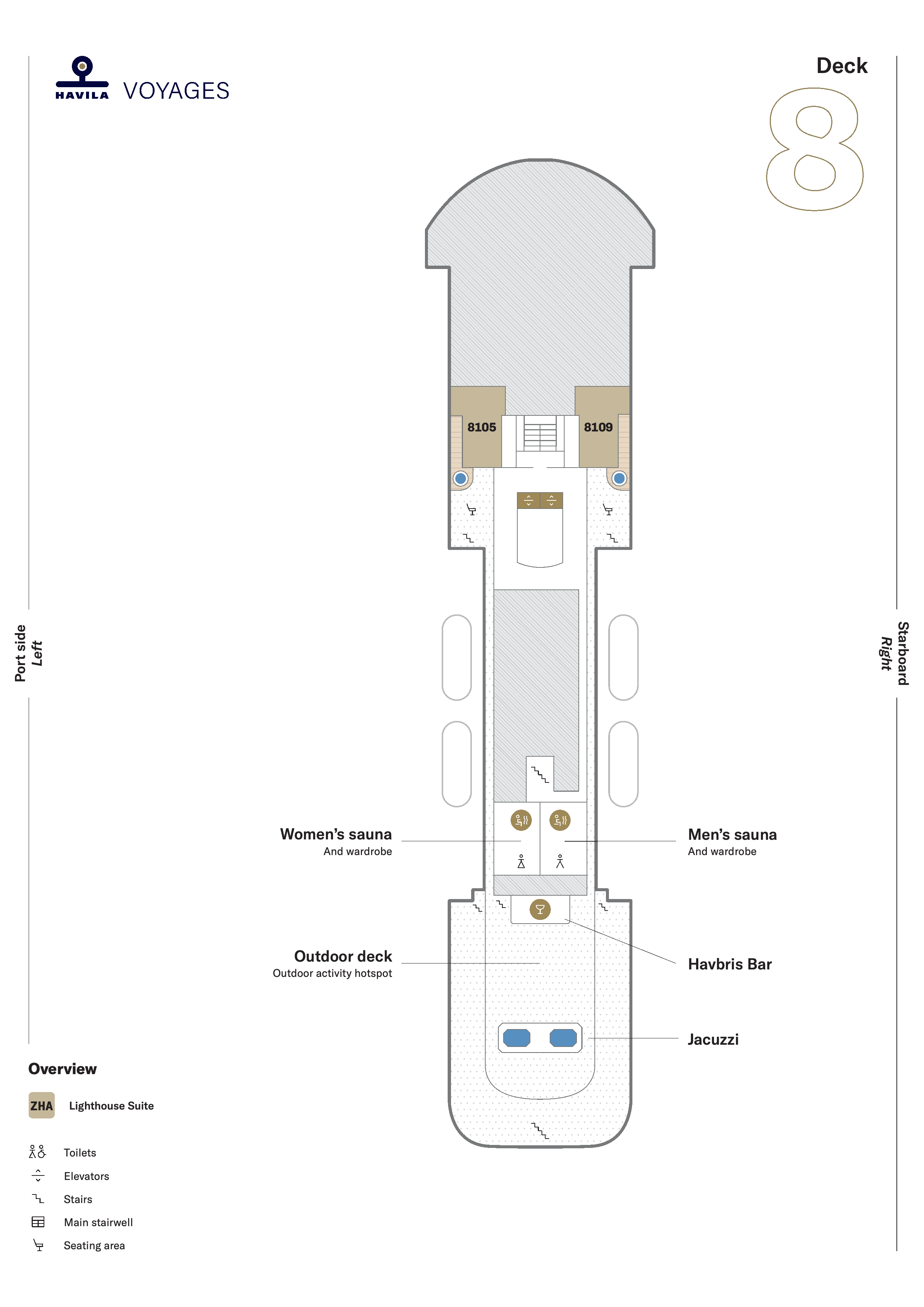 Havila Castor, Deck 8: official cabin and venue layout