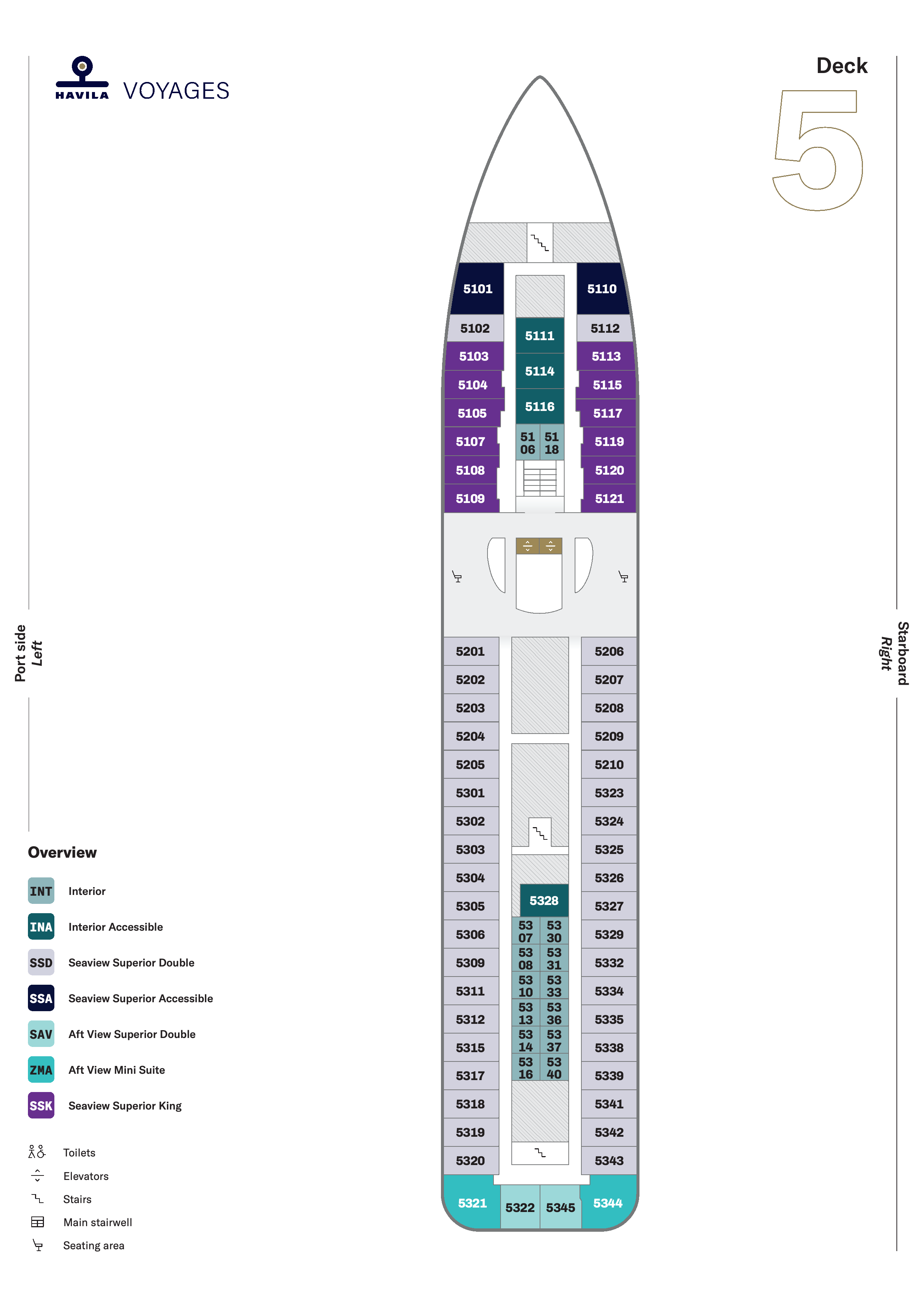 Havila Castor, Deck 5: official cabin and venue layout