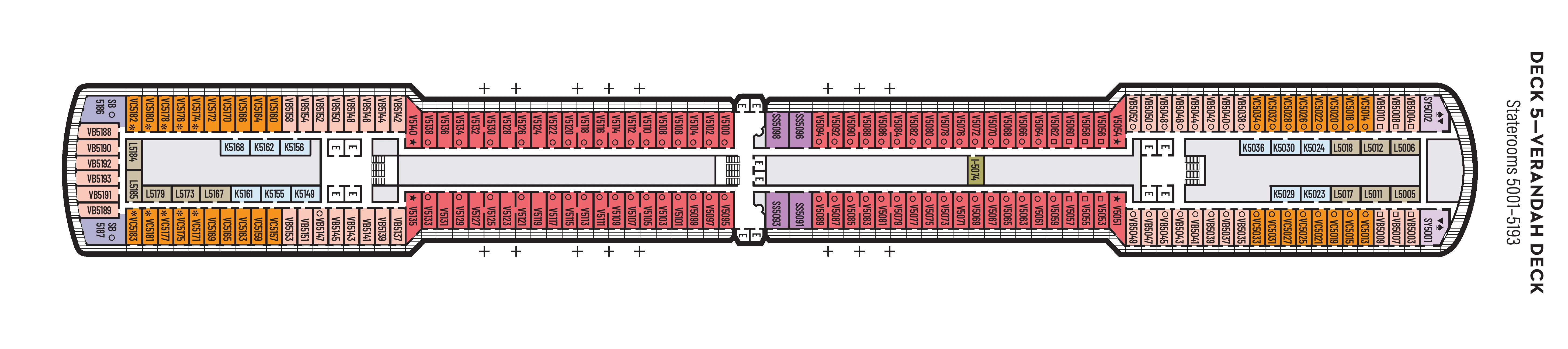 Nieuw Amsterdam, Deck 5: official cabin and venue layout