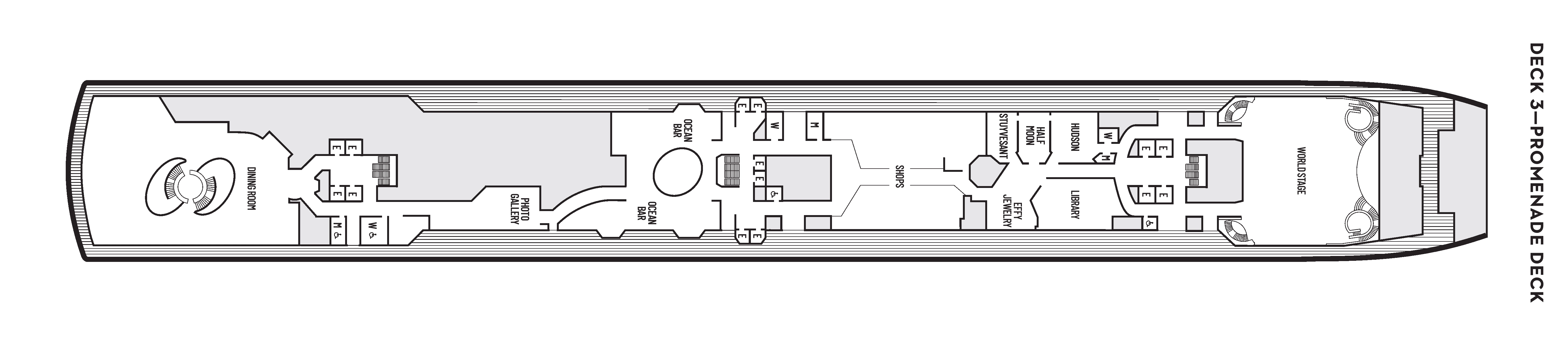 Nieuw Amsterdam, Deck 3: official cabin and venue layout