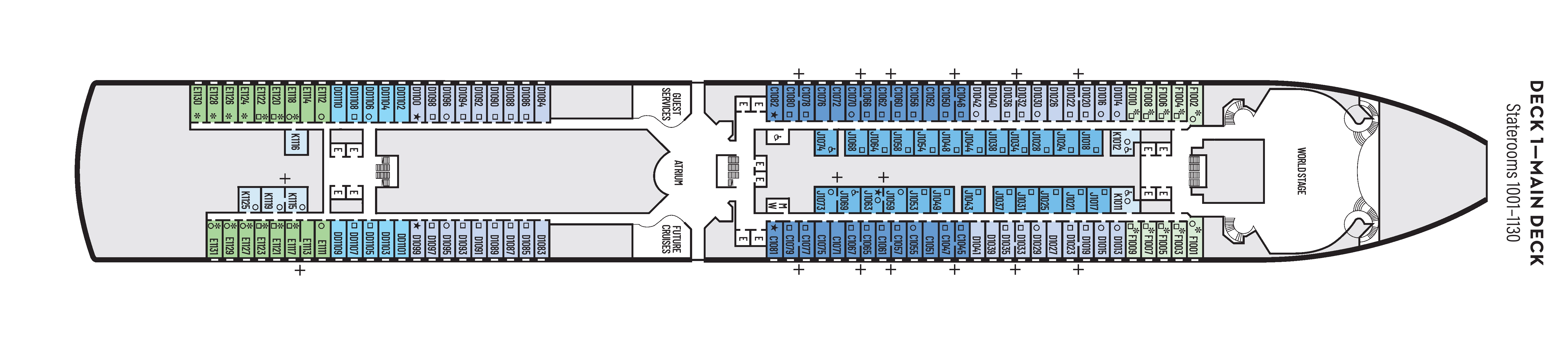 Nieuw Amsterdam, Deck 1: official cabin and venue layout
