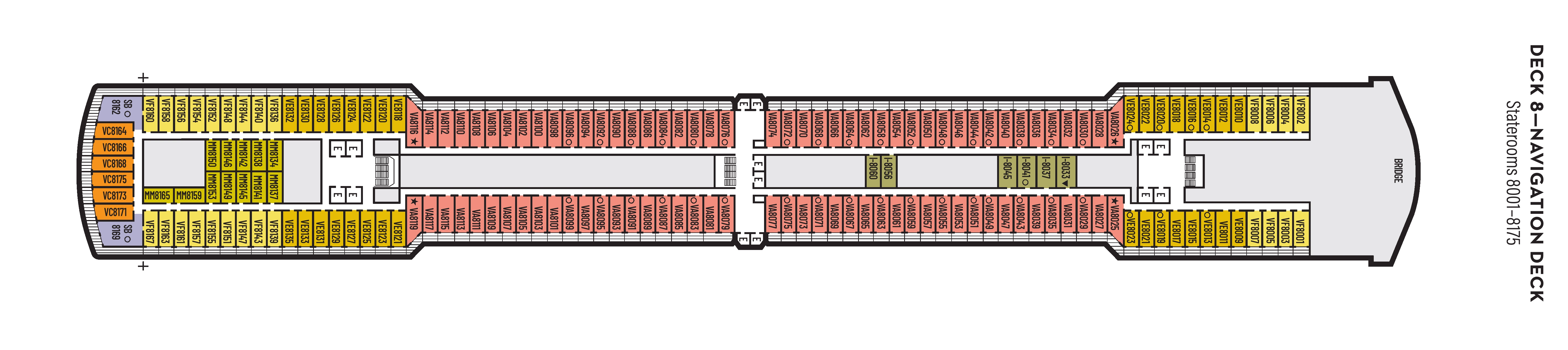 Nieuw Amsterdam, Deck 8: official cabin and venue layout
