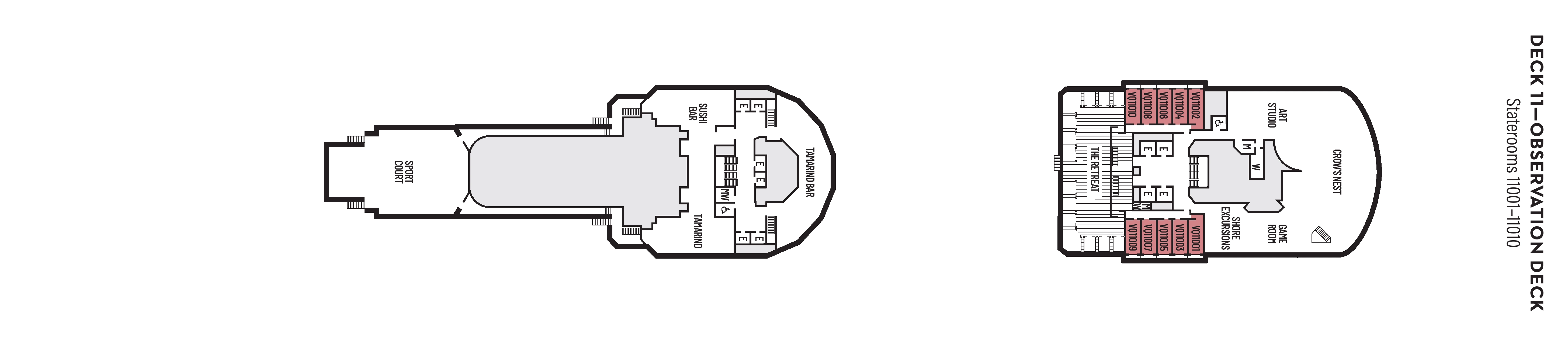 Nieuw Amsterdam, Deck 11: official cabin and venue layout