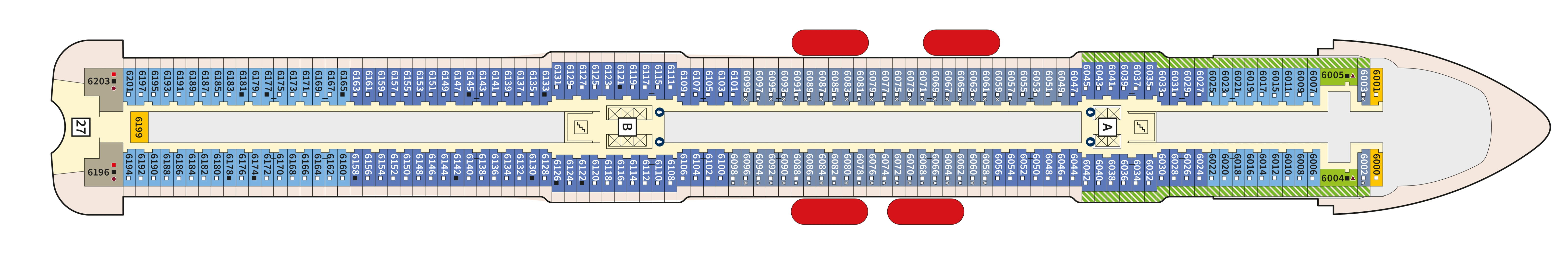 Mein Schiff 1, Deck 6: official cabin and venue layout