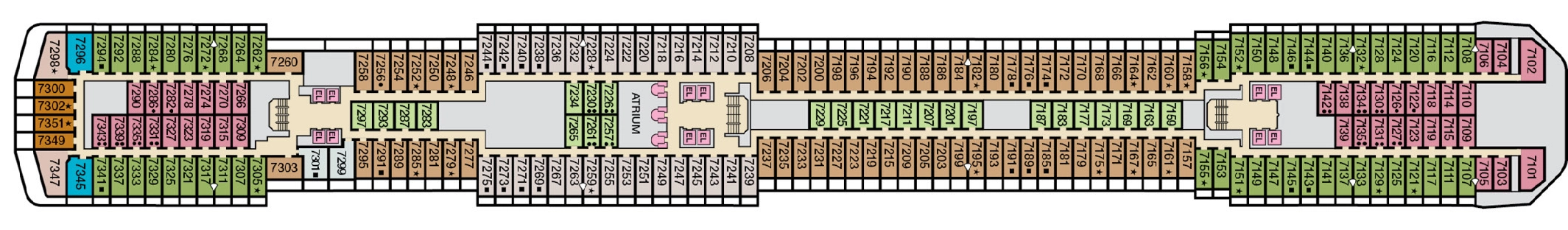 Carnival Pride, Deck 7: official cabin and venue layout