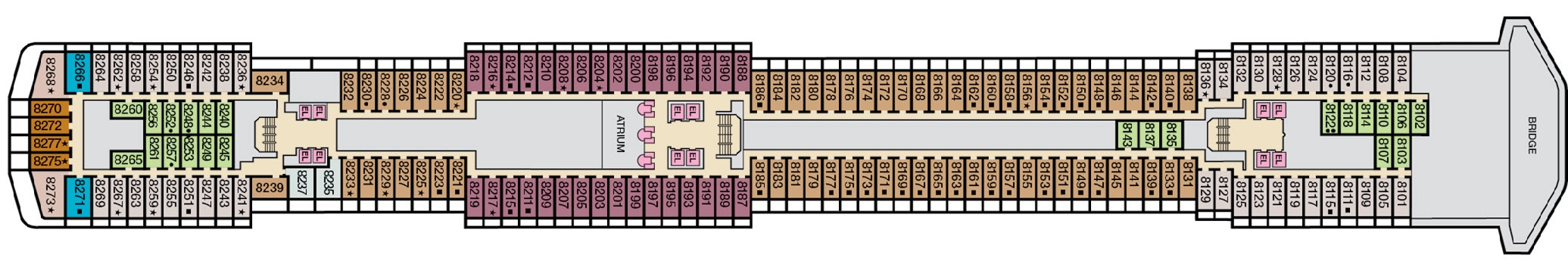 Carnival Pride, Deck 8: official cabin and venue layout