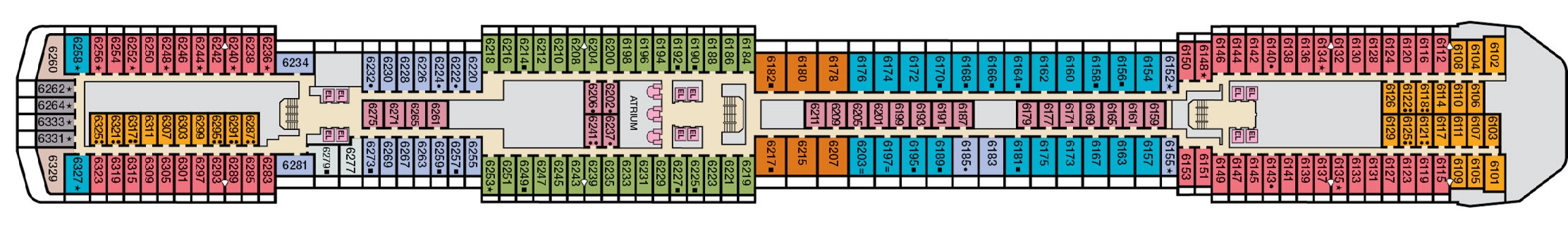 Carnival Pride, Deck 6: official cabin and venue layout