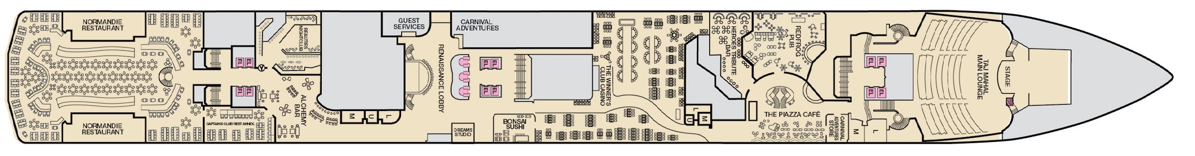 Carnival Pride, Deck 2: official cabin and venue layout