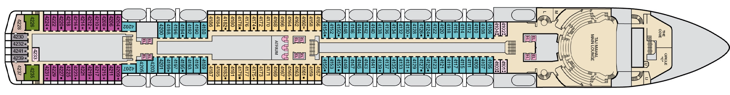 Carnival Pride, Deck 4: official cabin and venue layout