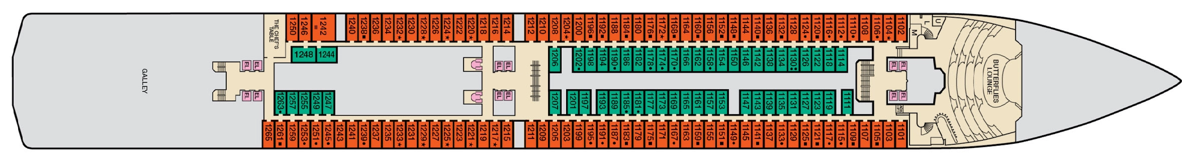 Carnival Pride, Deck 1: official cabin and venue layout