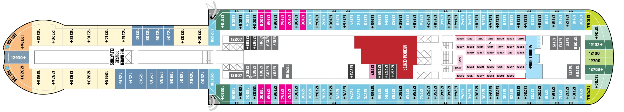 Norwegian Prima, Deck 12: official cabin and venue layout