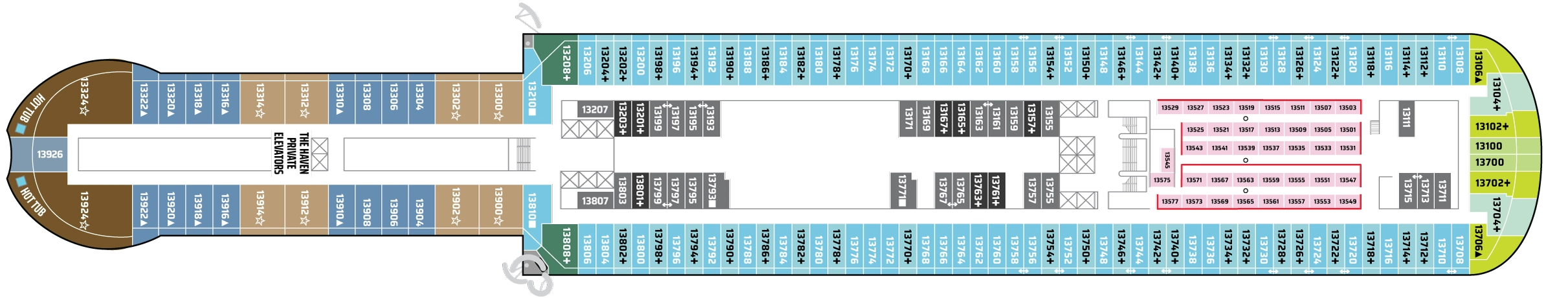 Norwegian Prima, Deck 13: official cabin and venue layout