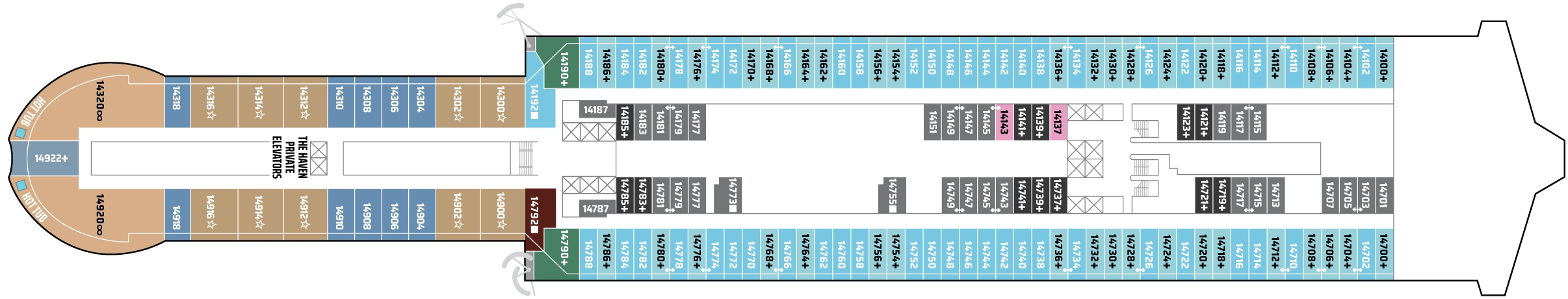 Norwegian Prima, Deck 14: official cabin and venue layout