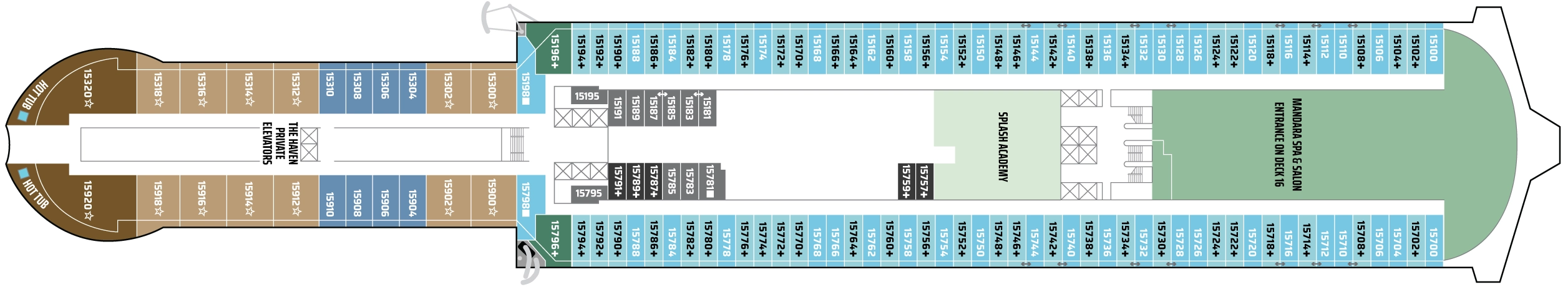 Norwegian Prima, Deck 15: official cabin and venue layout