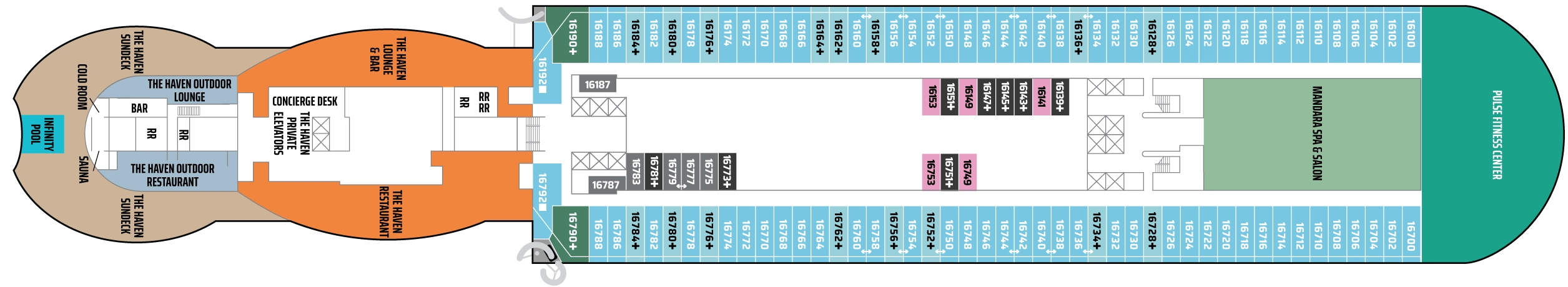 Norwegian Prima, Deck 16: official cabin and venue layout
