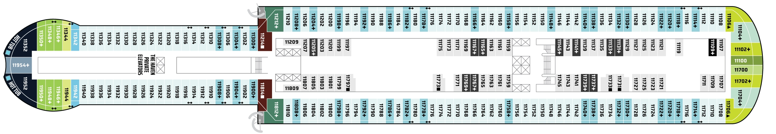 Norwegian Prima, Deck 11: official cabin and venue layout