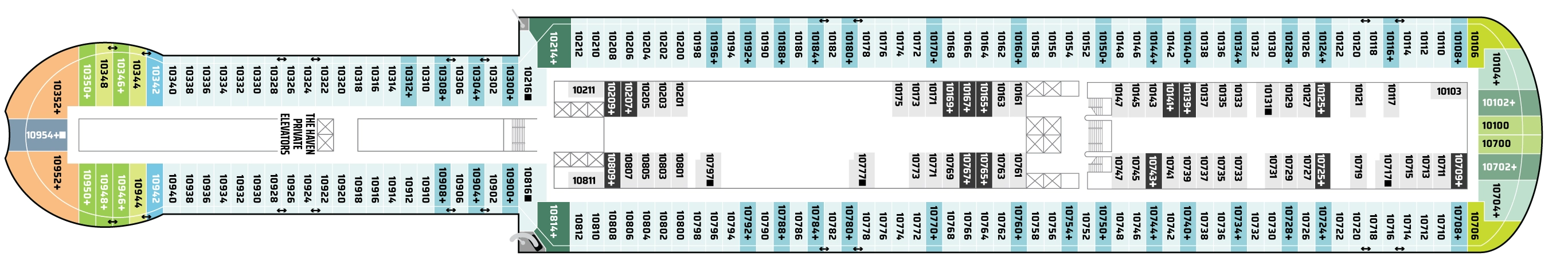 Norwegian Prima, Deck 10: official cabin and venue layout