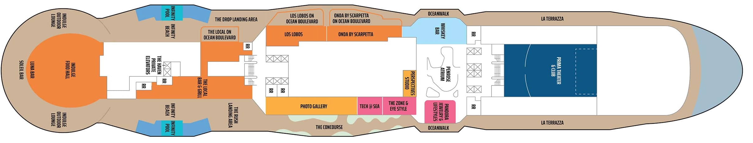 Norwegian Prima, Deck 8: official cabin and venue layout
