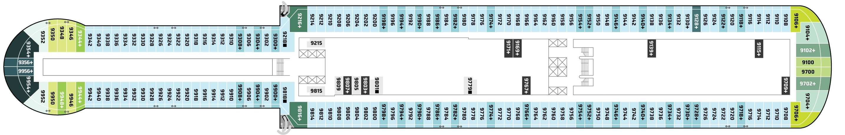 Norwegian Prima, Deck 9: official cabin and venue layout
