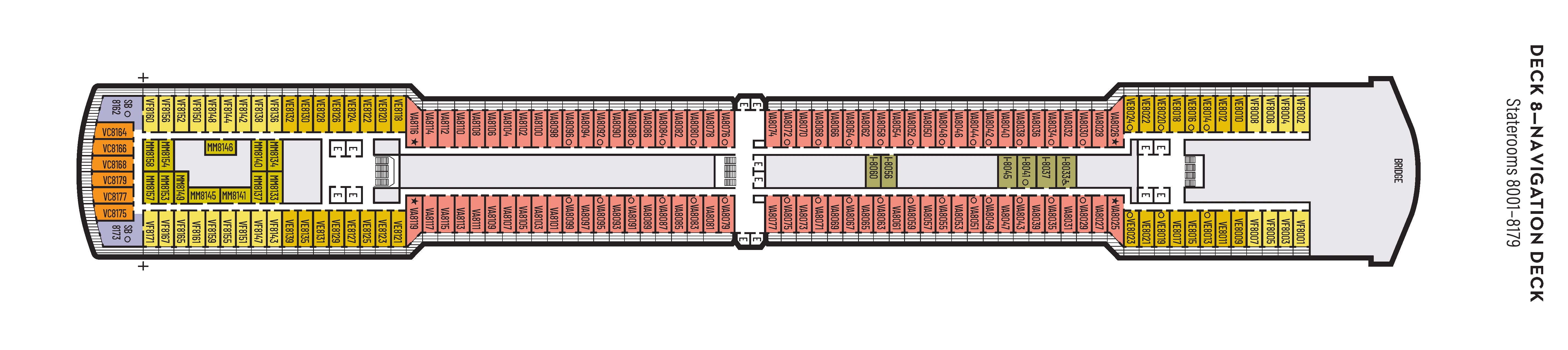 Eurodam, Deck 8: official cabin and venue layout