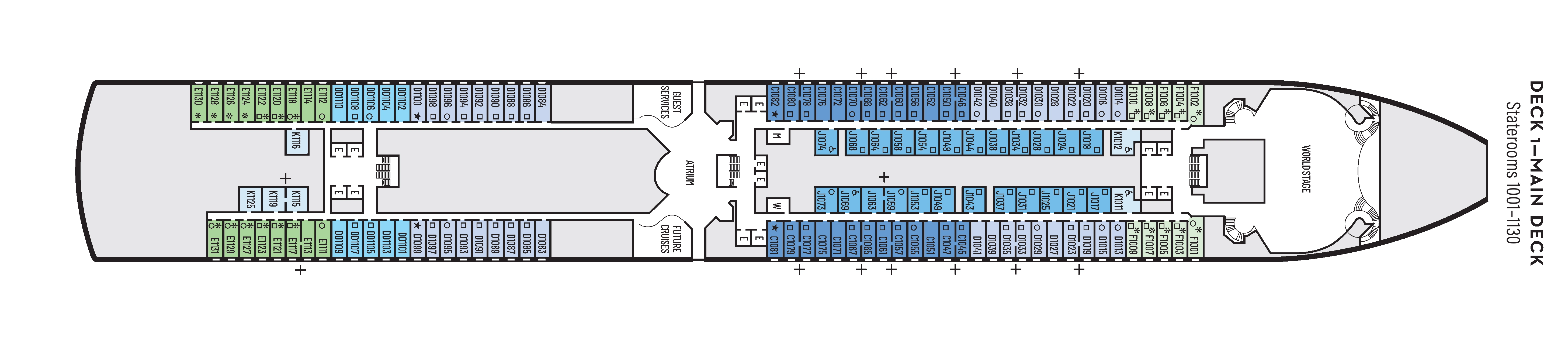 Eurodam, Deck 1: official cabin and venue layout